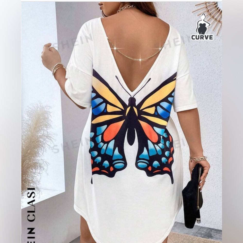 Butterfly Print Chain Detail Backless Drop Shoulder Curved Hem Tee Dress